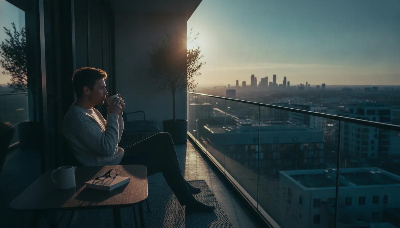 A guest enjoying morning coffee on a sunny rental balcony