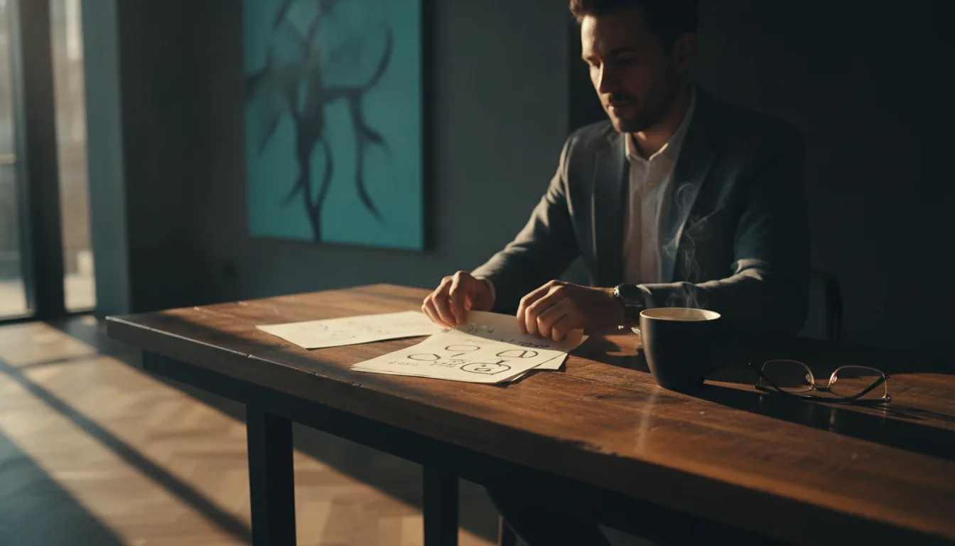A host reviewing a few printed notes at a sunlit table with a coffee