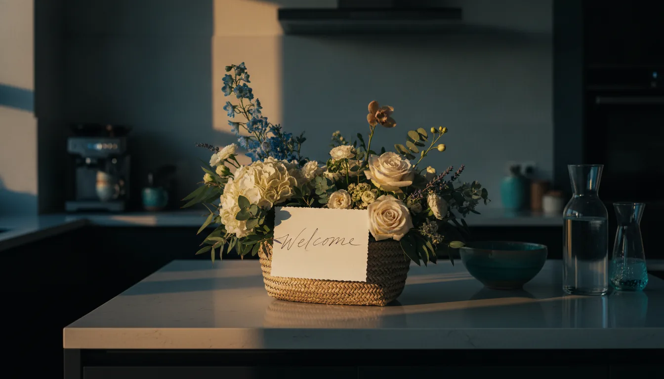 A welcome basket with fresh flowers and a handwritten note on a clean counter