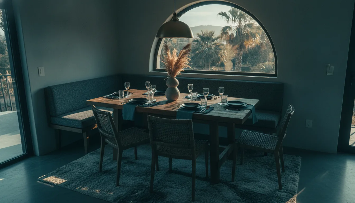 A sunlit vacation-rental dining nook set for guests