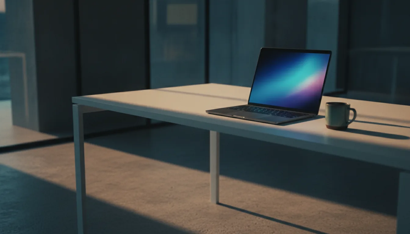 A sleek laptop open on a minimal desk in beautiful natural light