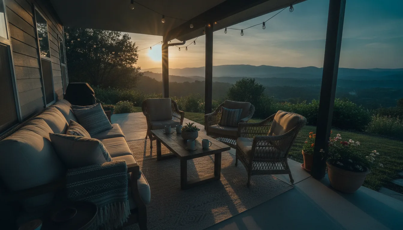 A charming vacation-rental porch with comfortable seating in soft afternoon light