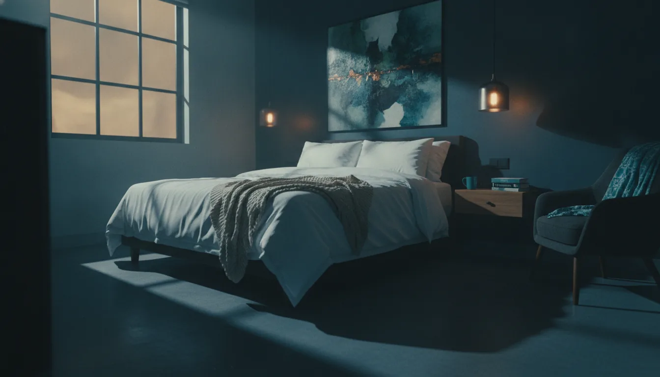 A cozy vacation-rental bedroom with crisp white linens and gentle light
