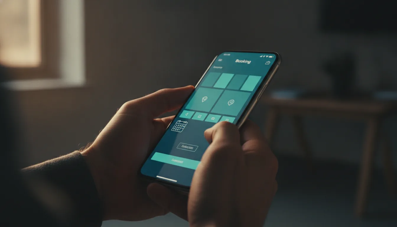 Close-up of hands holding a smartphone showing a clean booking app in a bright room
