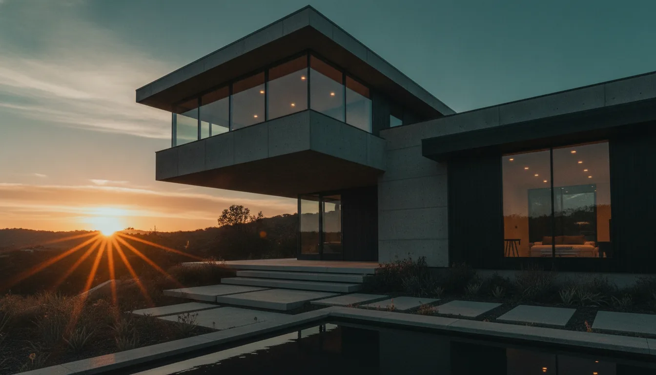 A welcoming modern vacation-rental exterior at golden hour with warm lit windows