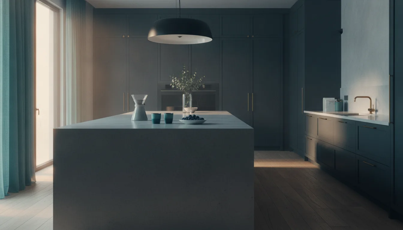 A stylish vacation-rental kitchen with clean counters and soft morning light