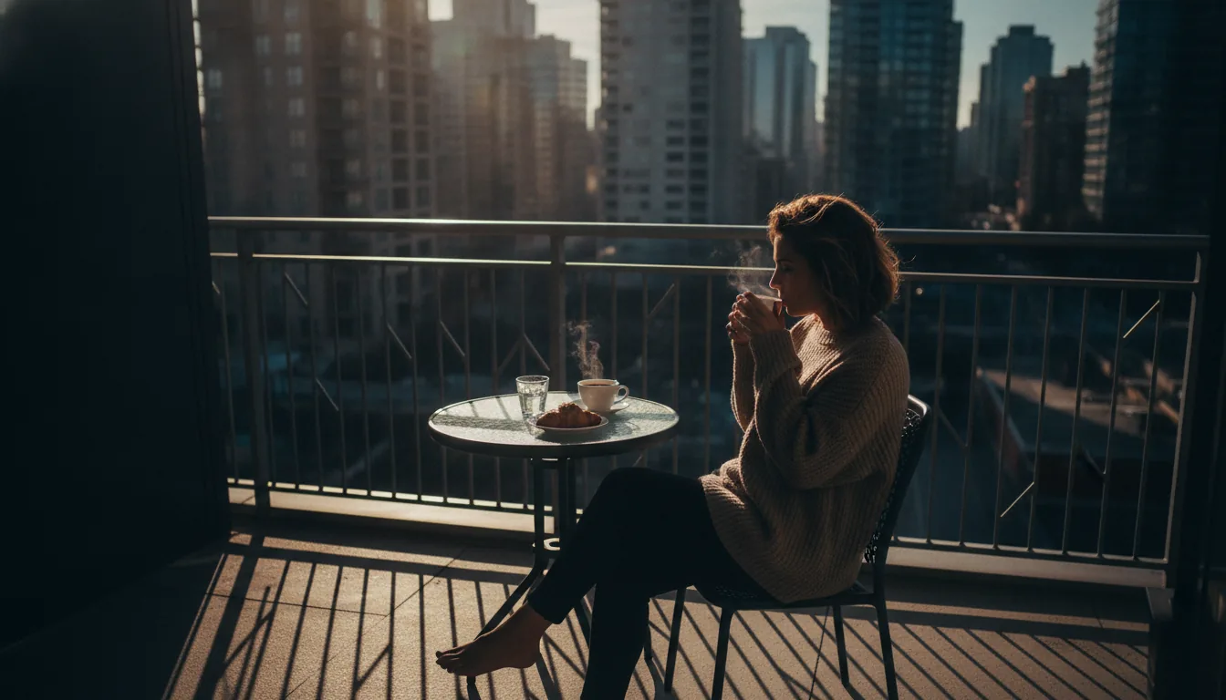 A guest enjoying morning coffee on a sunny rental balcony