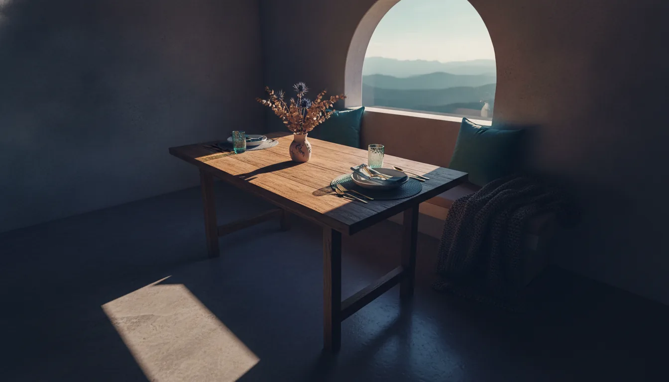 A sunlit vacation-rental dining nook set for guests