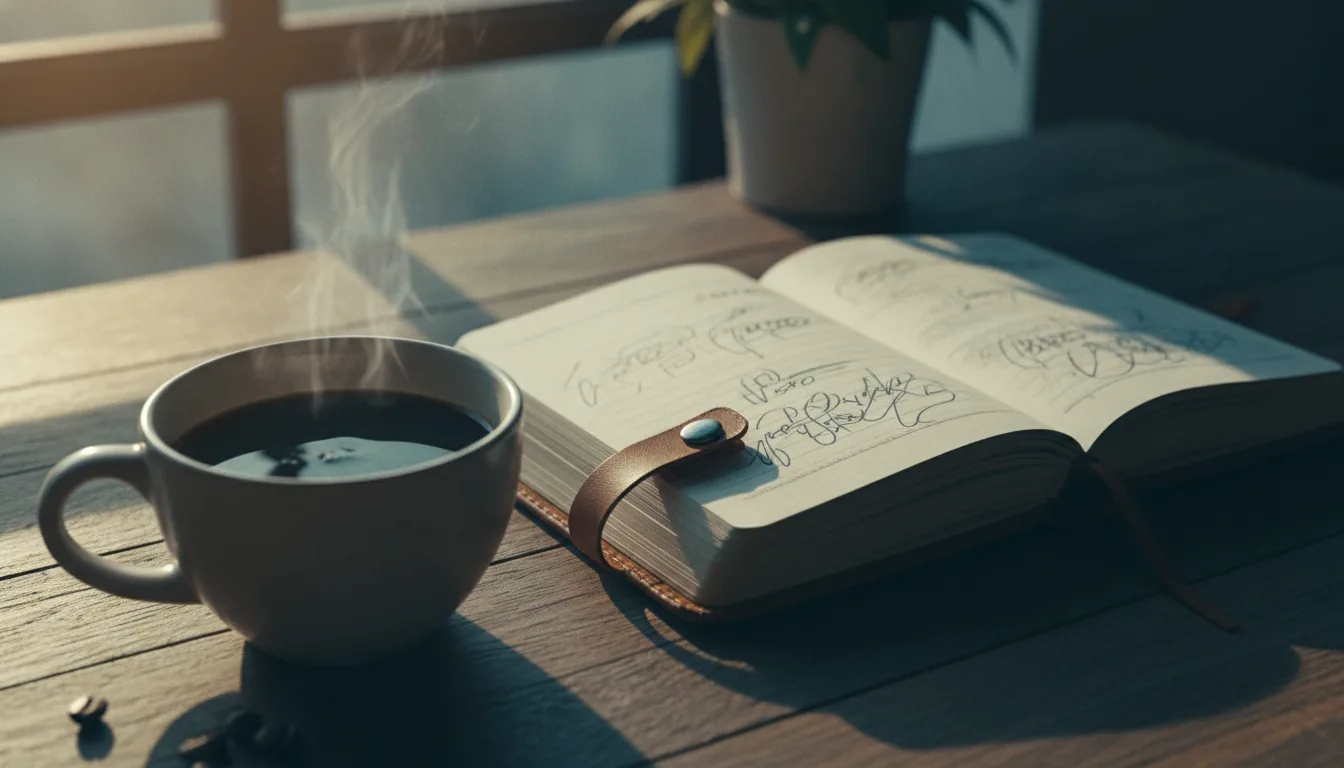A close-up of fresh coffee and a leather notebook on a sunlit wooden table