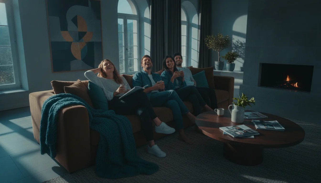Guests relaxing happily on a sofa in a comfortable vacation rental