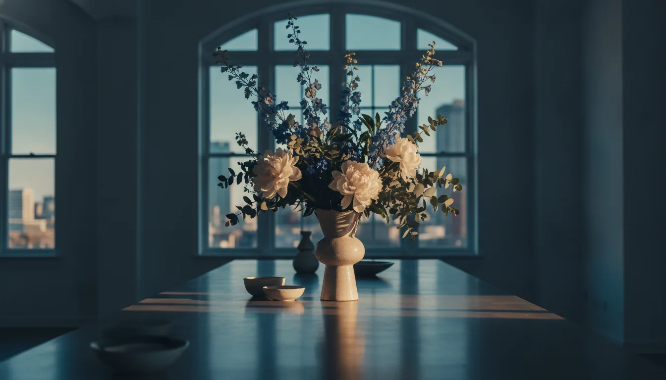 A vase of fresh flowers on a clean table in a bright rental
