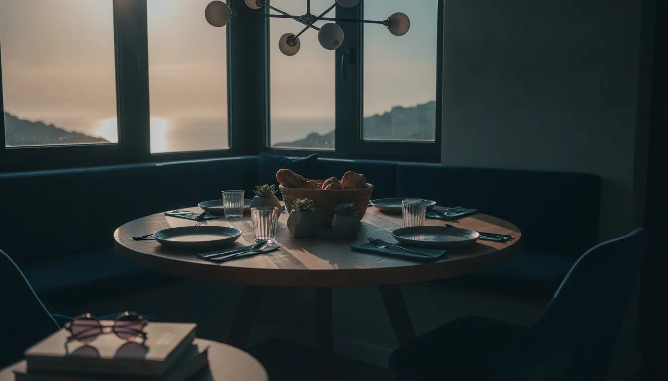 A sunlit vacation-rental dining nook set for guests