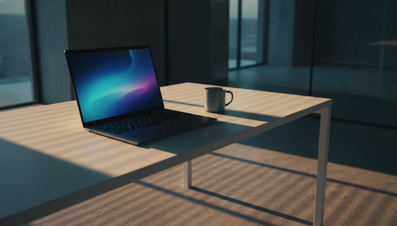 A sleek laptop open on a minimal desk in beautiful natural light