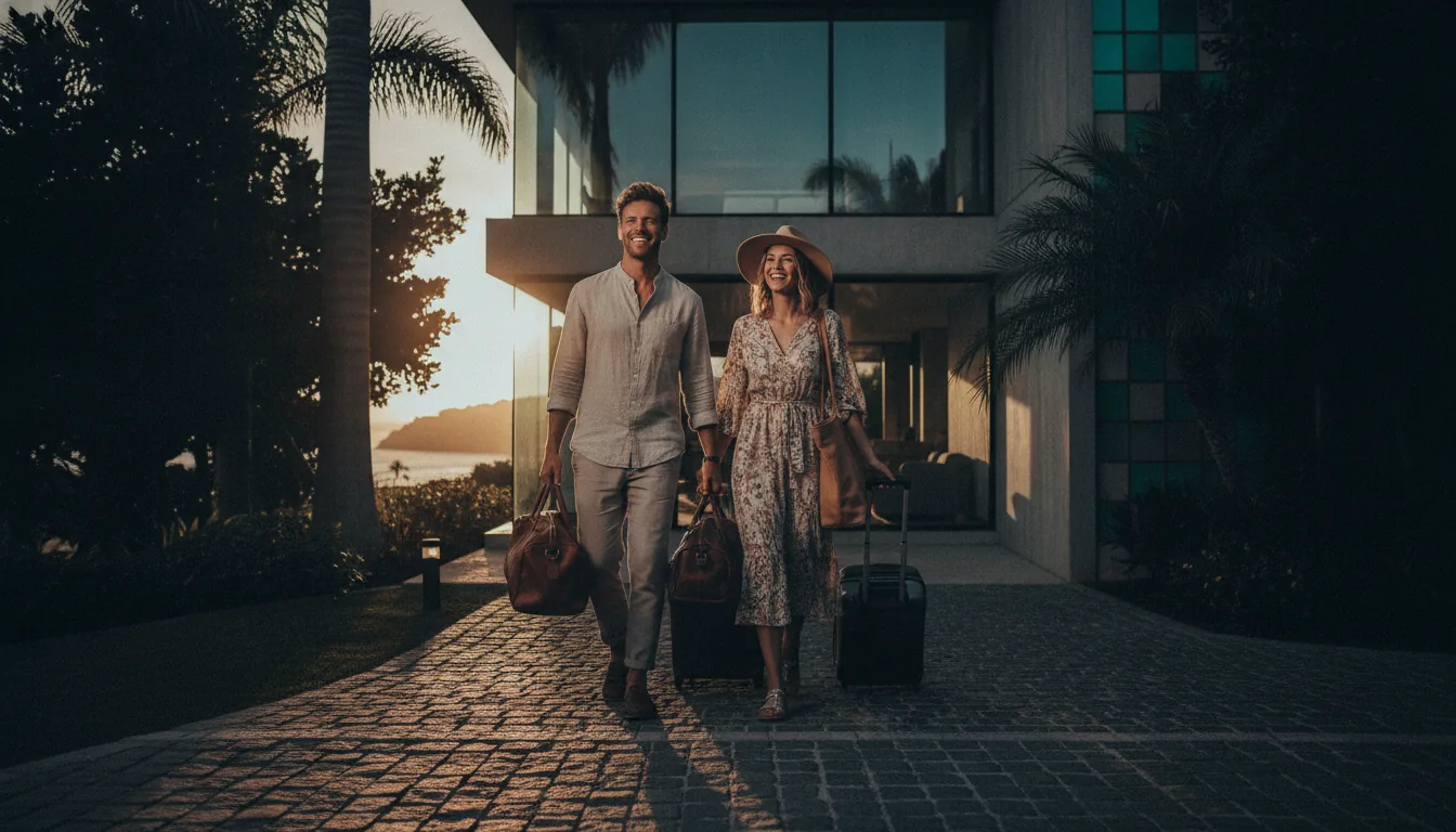 A couple arriving at a vacation rental with luggage