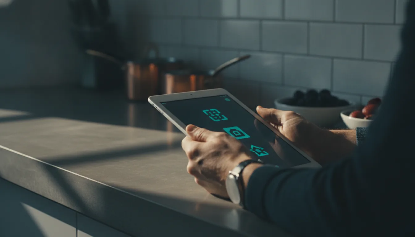 Hands using a tablet on a kitchen counter