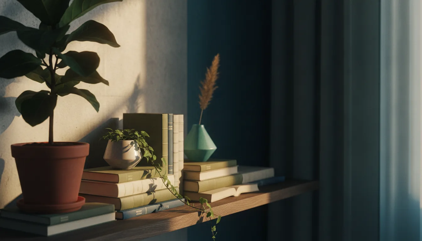 A tasteful detail of a styled rental shelf with plants and books in soft light