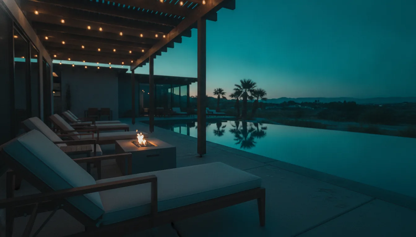 A vacation-rental patio with string lights and lounge chairs in the evening