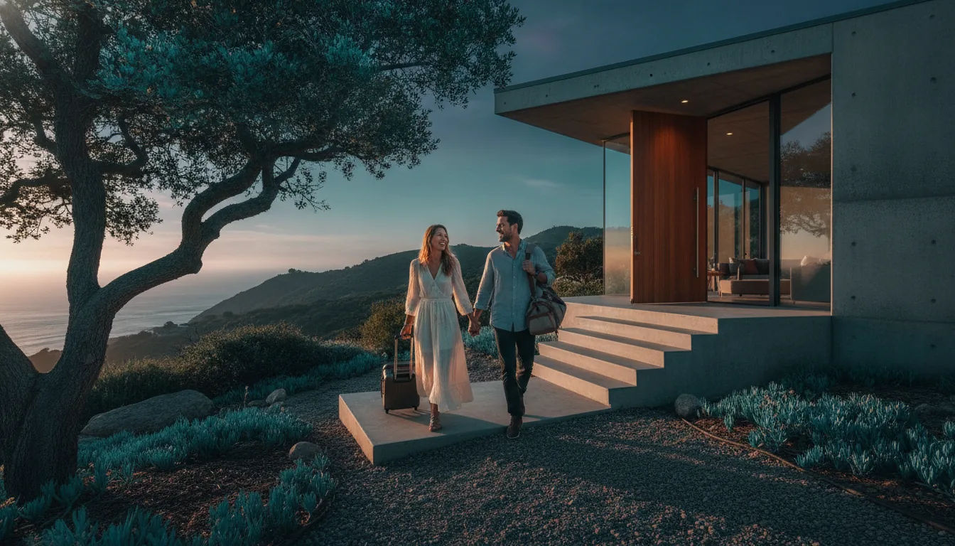 A couple arriving at a vacation rental with luggage