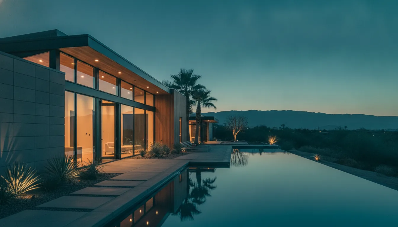 A welcoming modern vacation-rental exterior at golden hour with warm lit windows