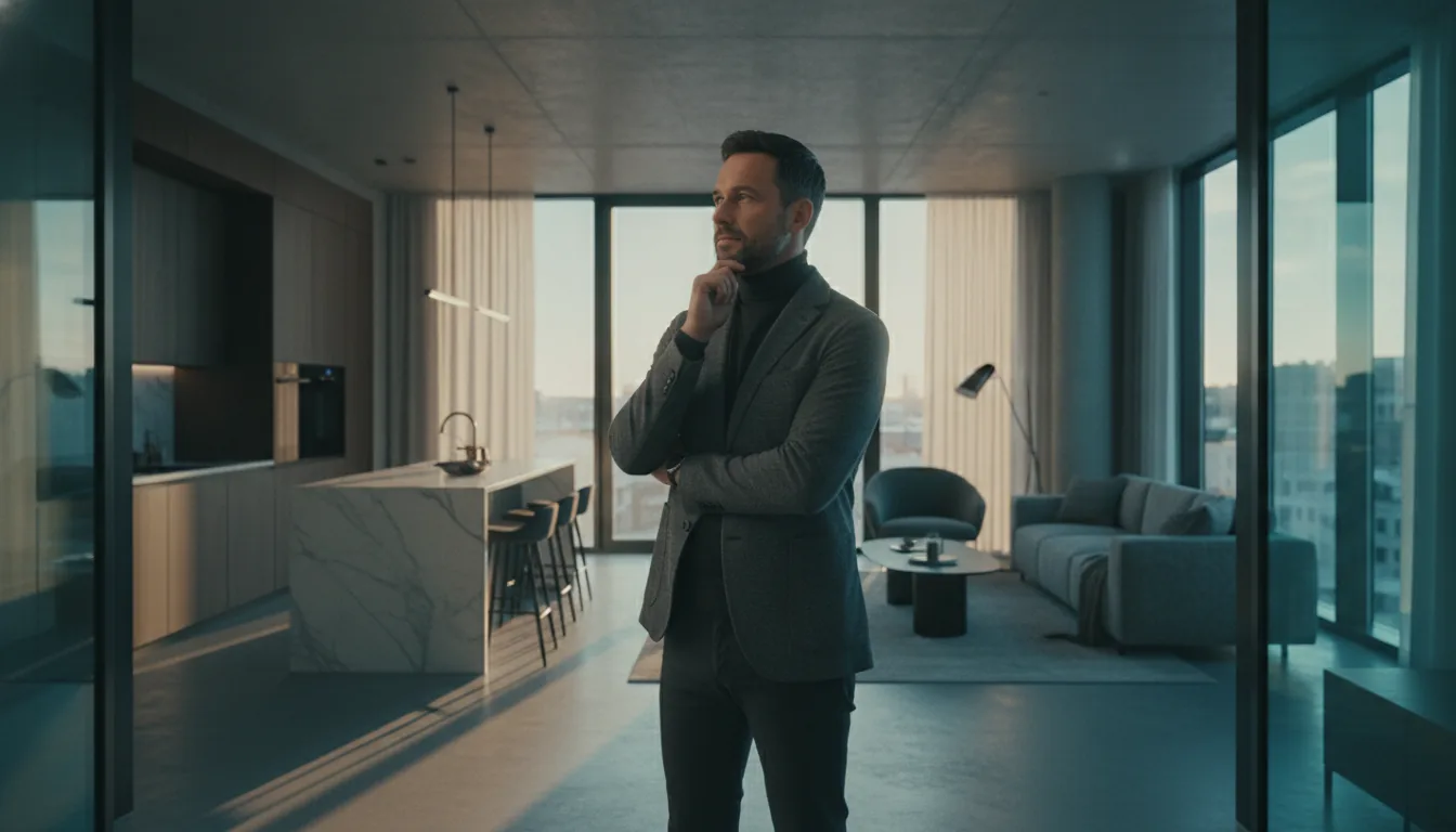A confident host standing thoughtfully in a bright modern rental