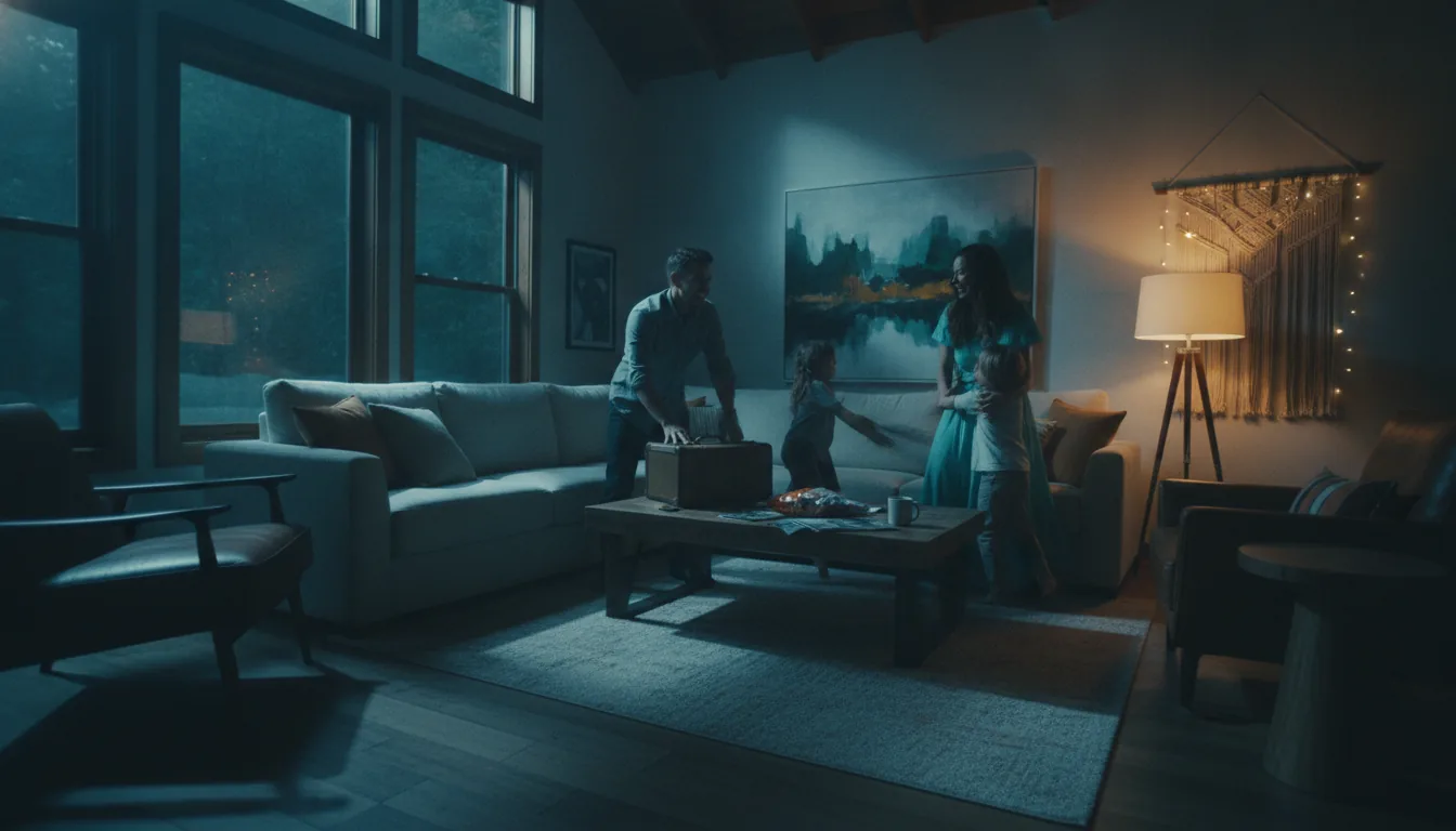 A family settling into a bright vacation-rental living room