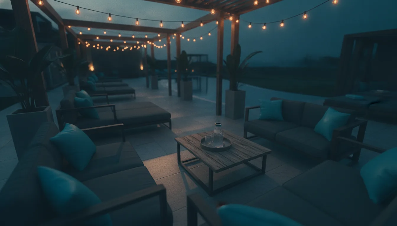 A vacation-rental patio with string lights and lounge chairs in the evening