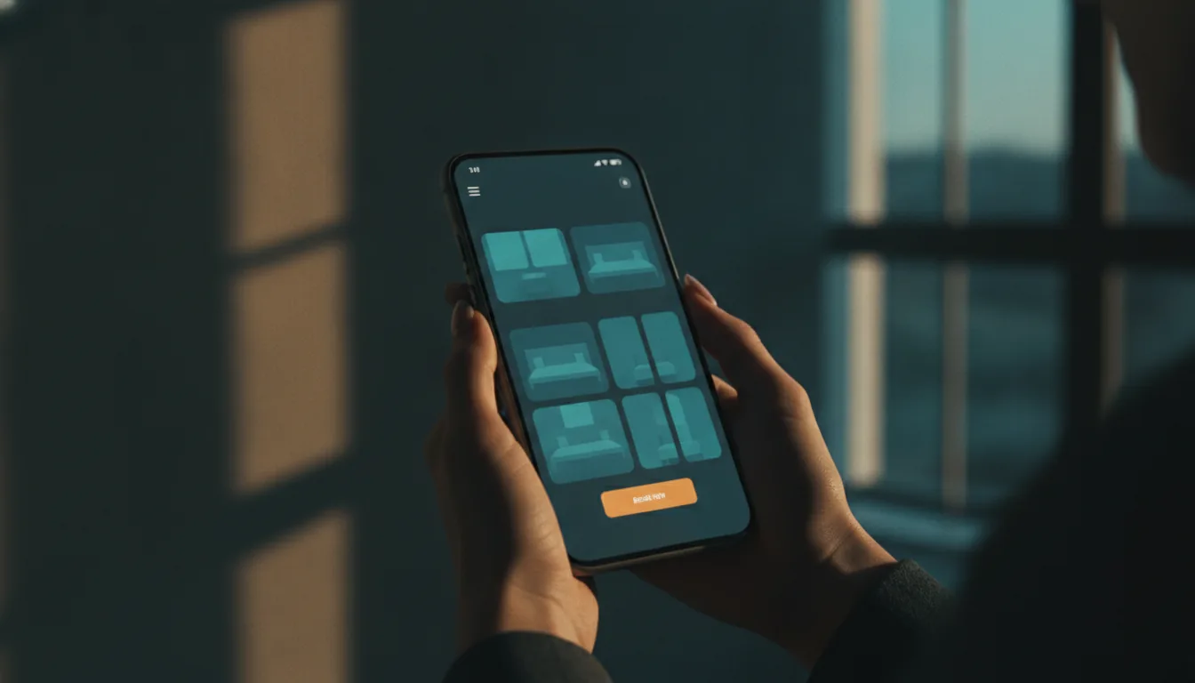 Close-up of hands holding a smartphone showing a clean booking app in a bright room