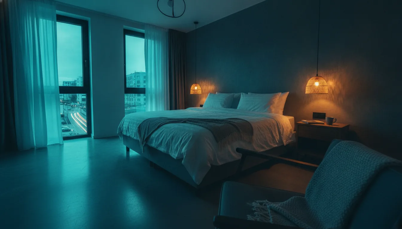 A cozy vacation-rental bedroom with crisp white linens and gentle light