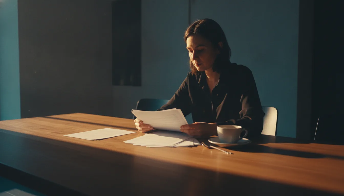 A host reviewing a few printed notes at a sunlit table with a coffee