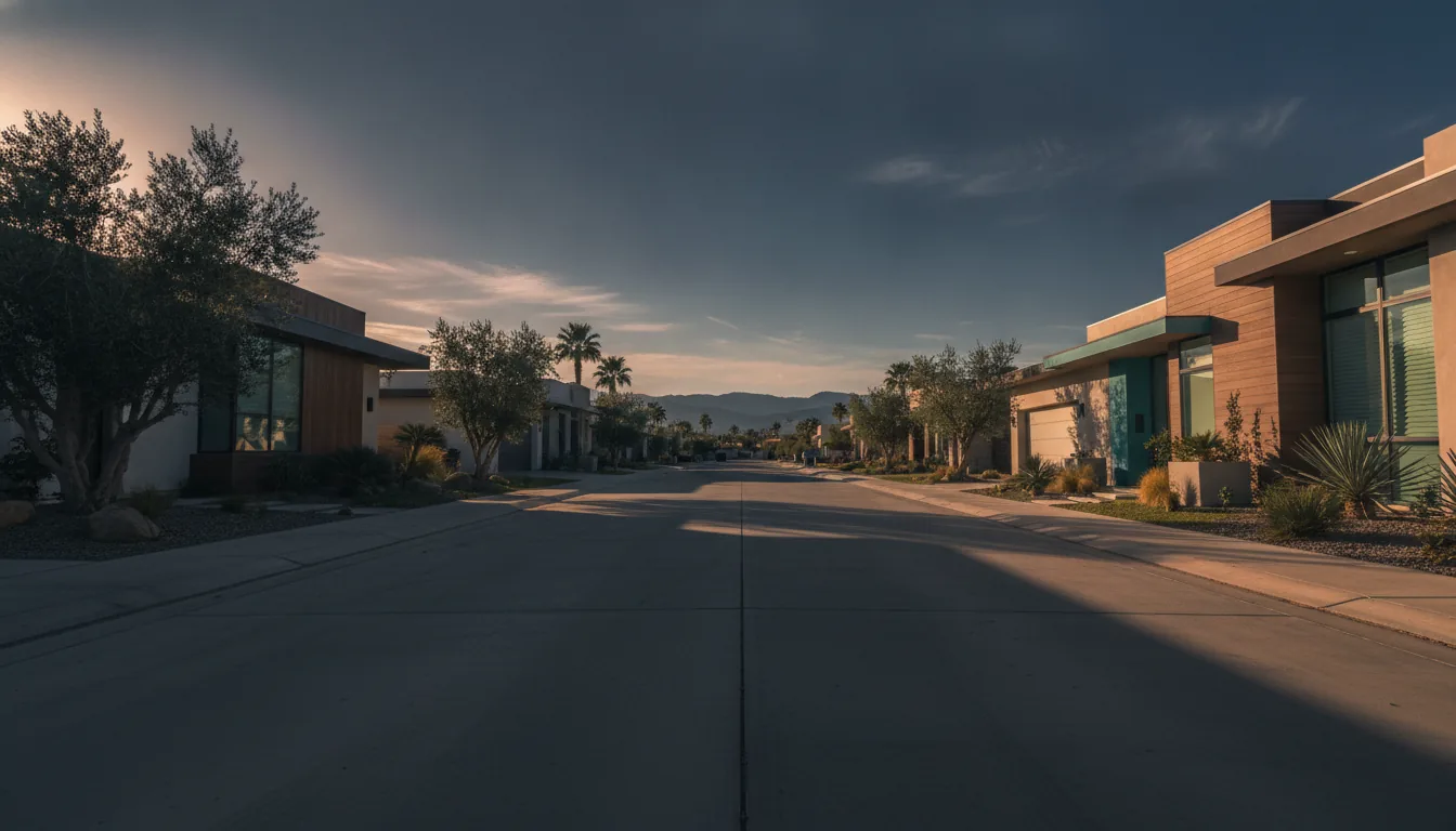 A quiet residential street of attractive vacation homes in warm daylight