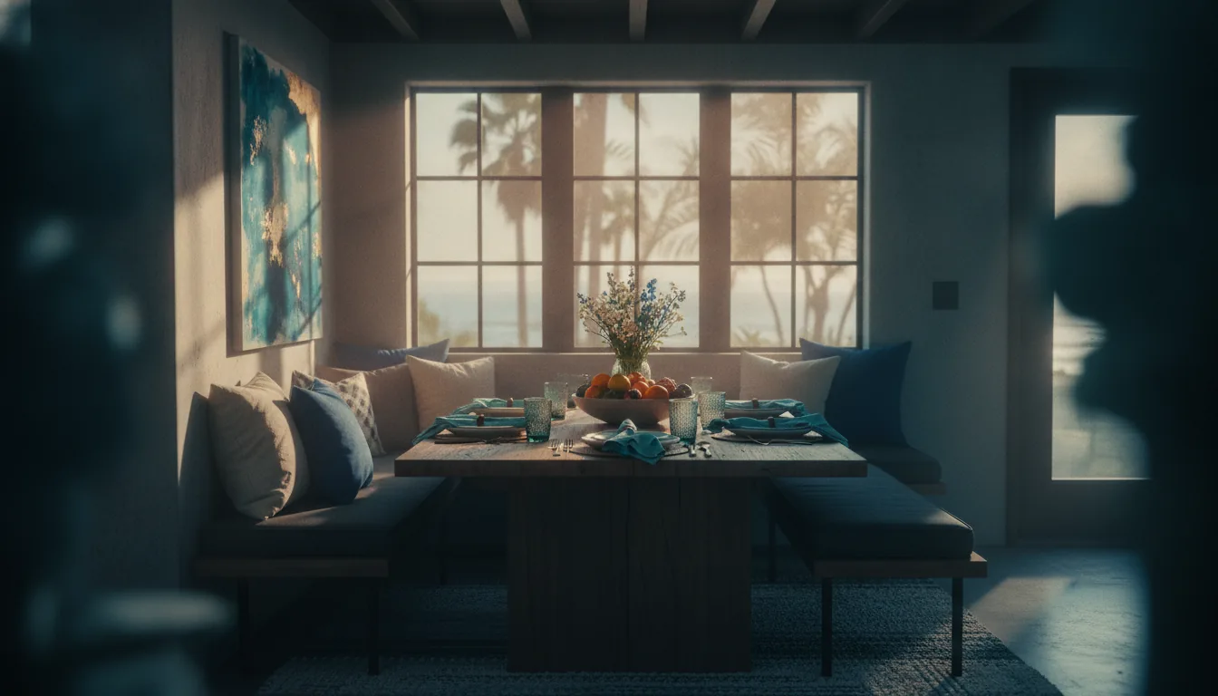 A sunlit vacation-rental dining nook set for guests