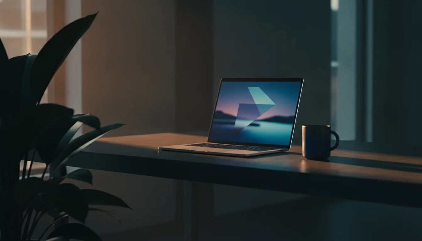 A sleek laptop open on a minimal desk in beautiful natural light