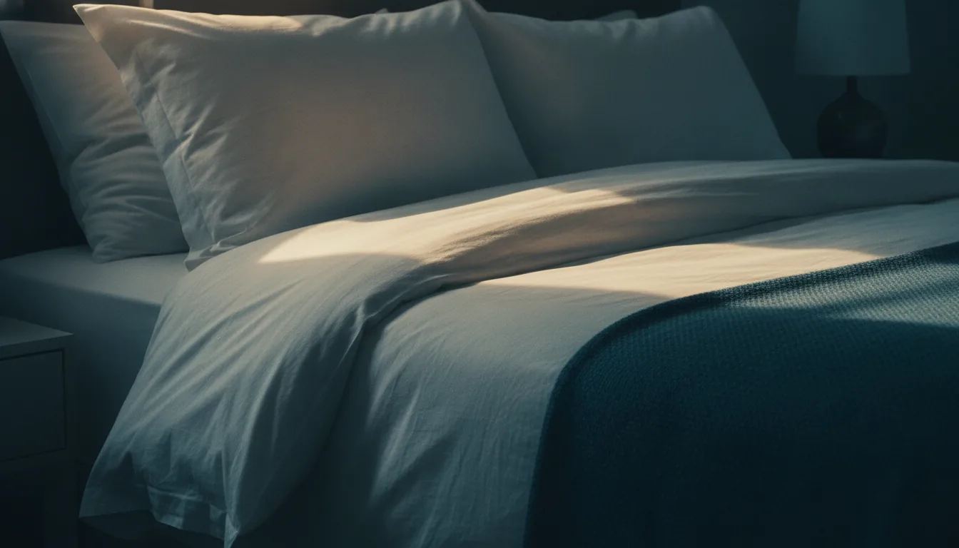 A close-up of a neatly made bed corner with crisp linens in morning light