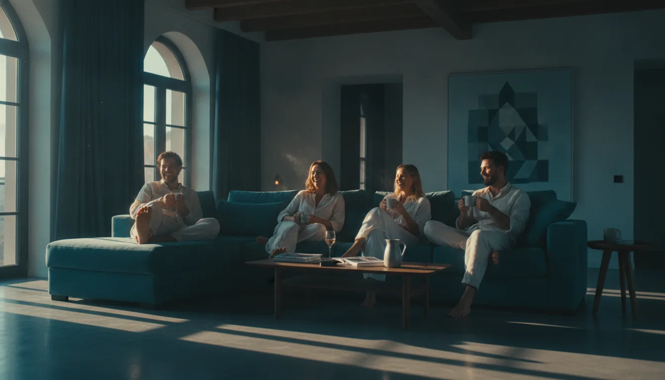 Guests relaxing happily on a sofa in a comfortable vacation rental