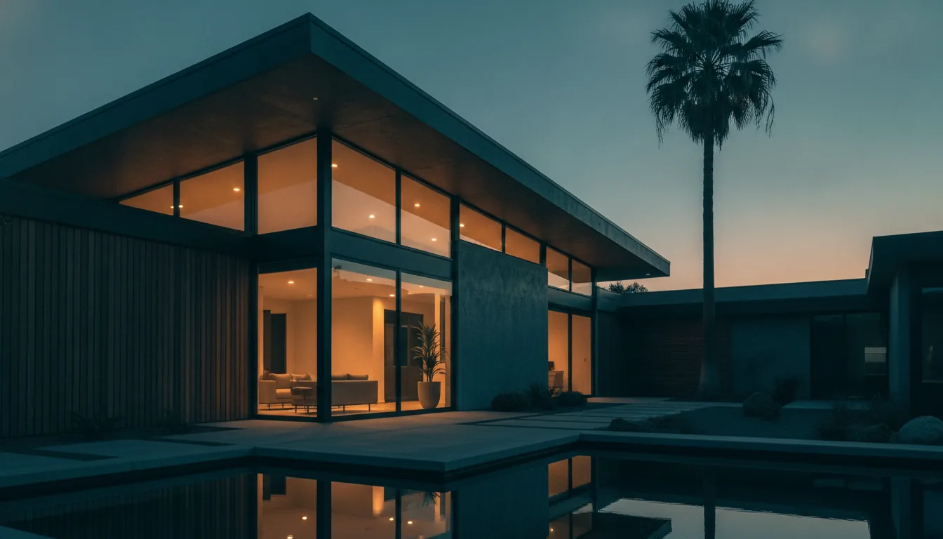 A welcoming modern vacation-rental exterior at golden hour with warm lit windows
