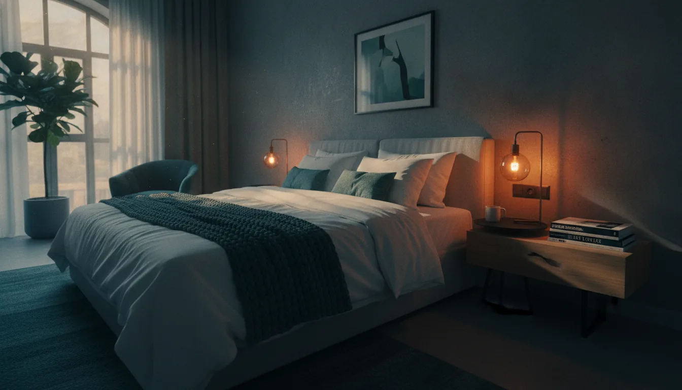 A cozy vacation-rental bedroom with crisp white linens and gentle light