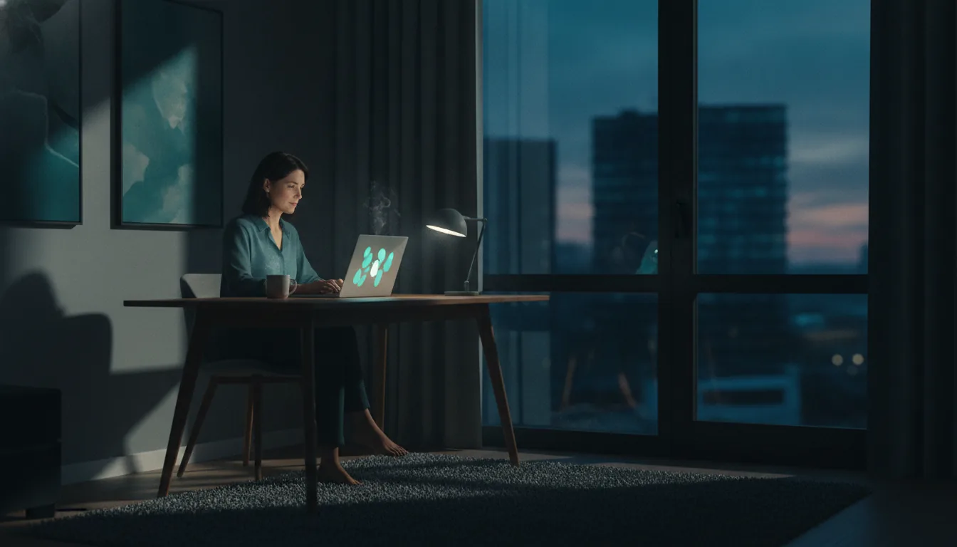 A short-term-rental host working calmly at a laptop by a bright window