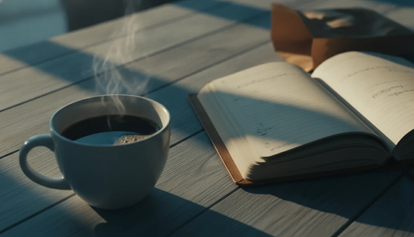 A close-up of fresh coffee and a leather notebook on a sunlit wooden table