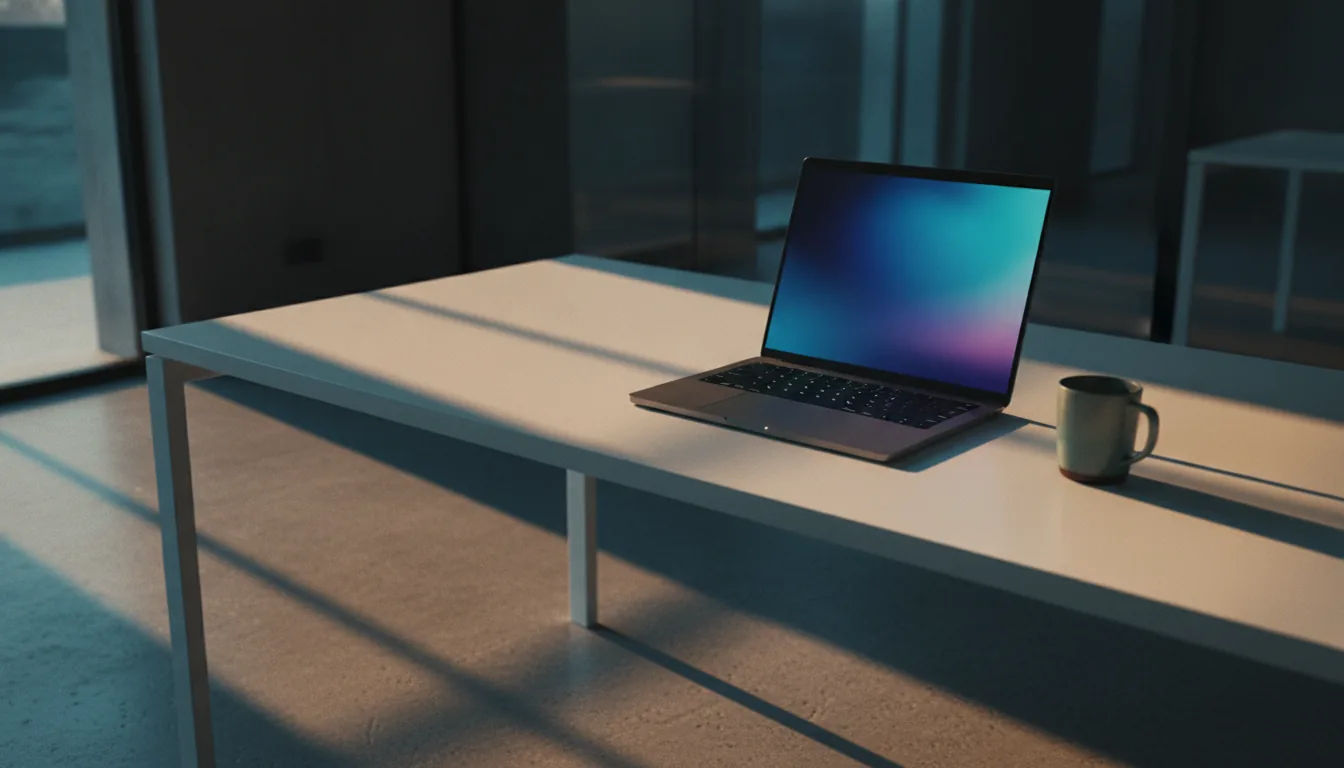 A sleek laptop open on a minimal desk in beautiful natural light