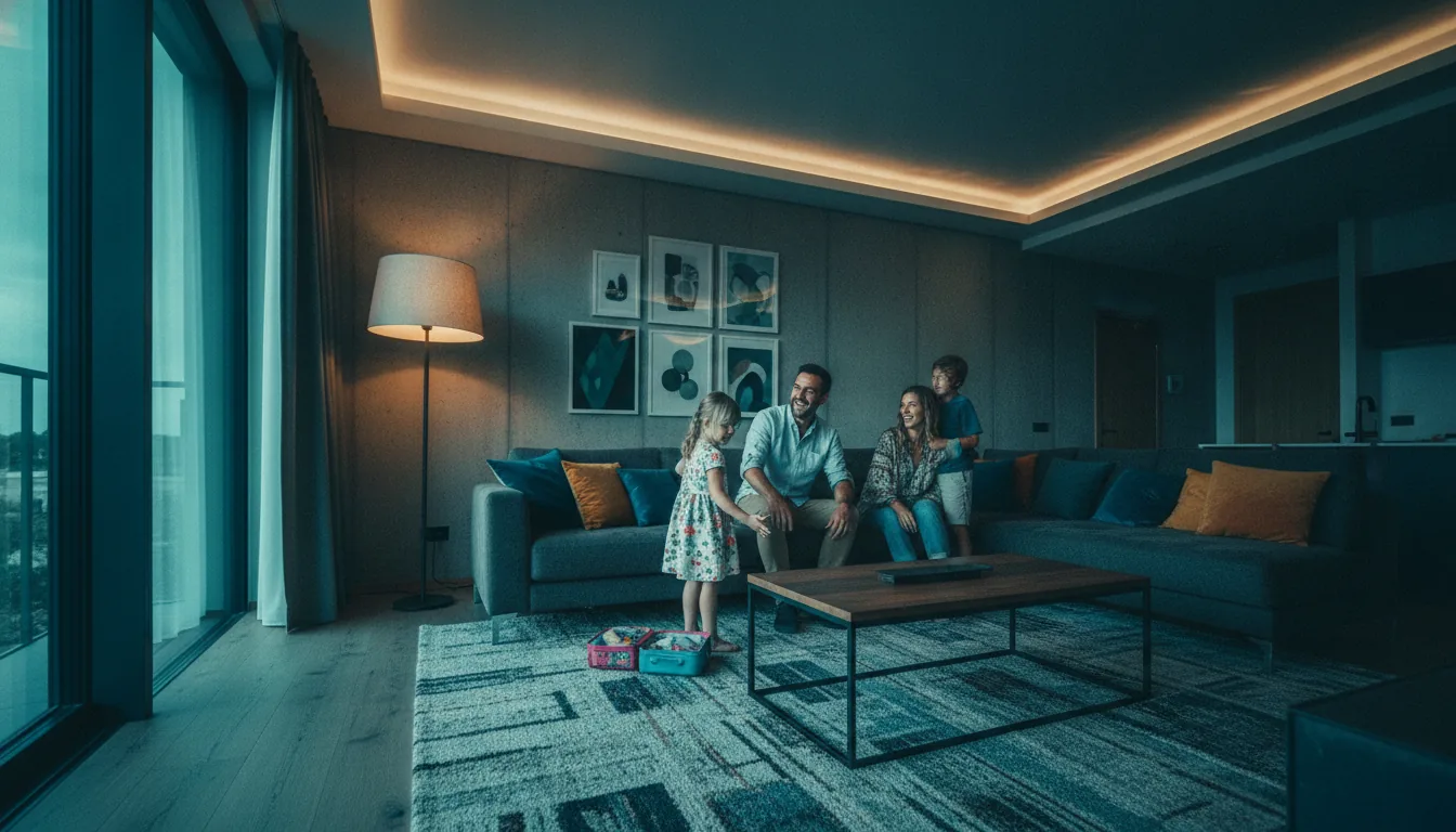 A family settling into a bright vacation-rental living room