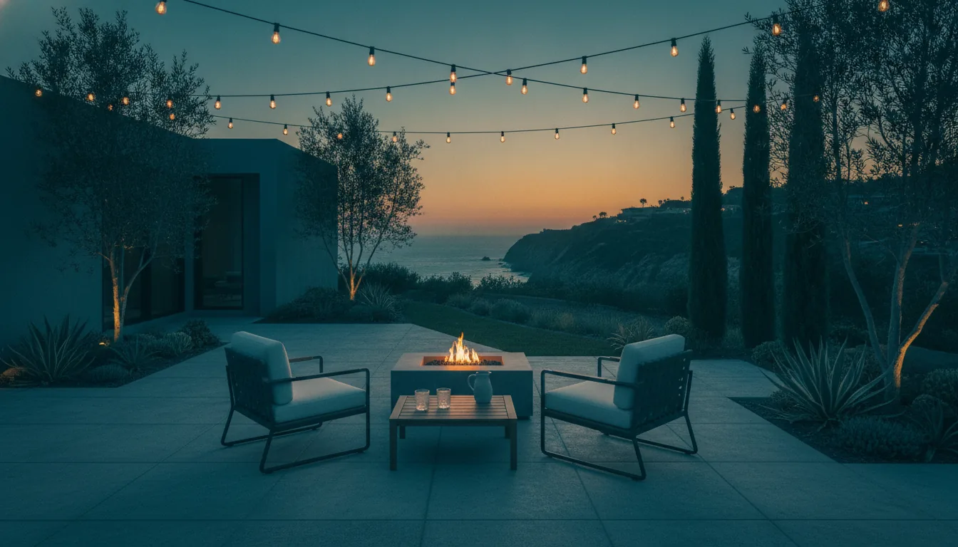 A vacation-rental patio with string lights and lounge chairs in the evening