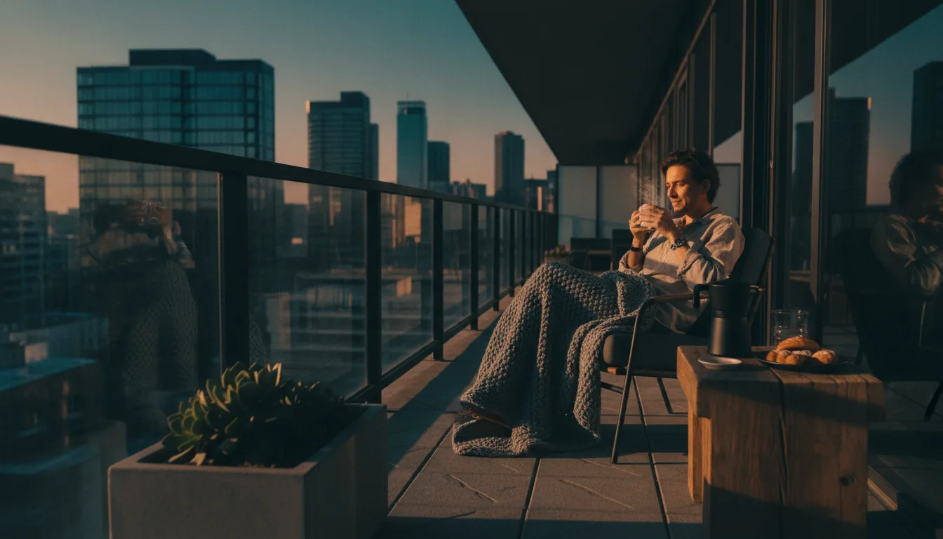 A guest enjoying morning coffee on a sunny rental balcony