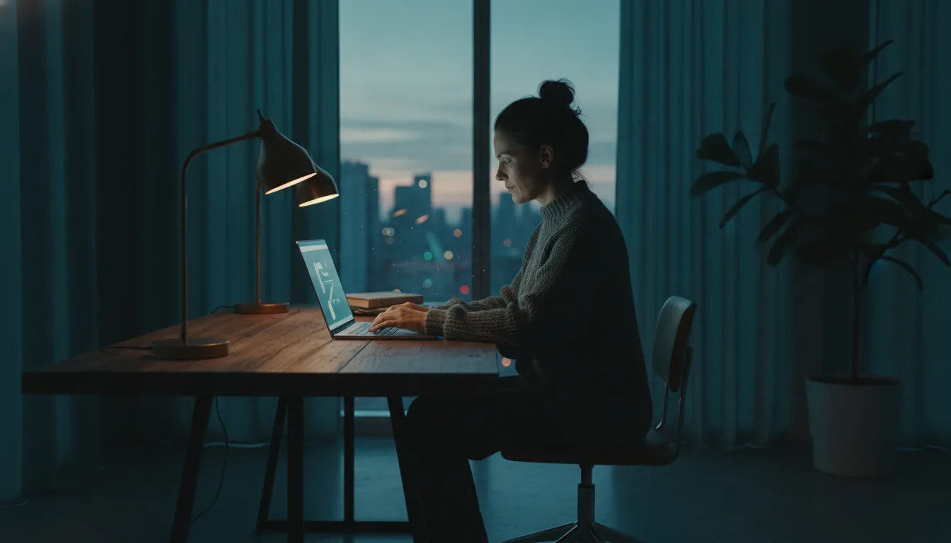 A short-term-rental host working calmly at a laptop by a bright window