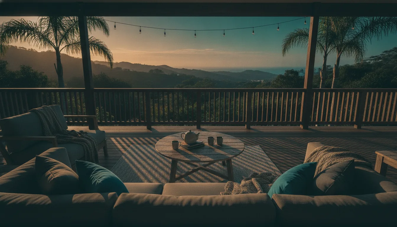 A charming vacation-rental porch with comfortable seating in soft afternoon light