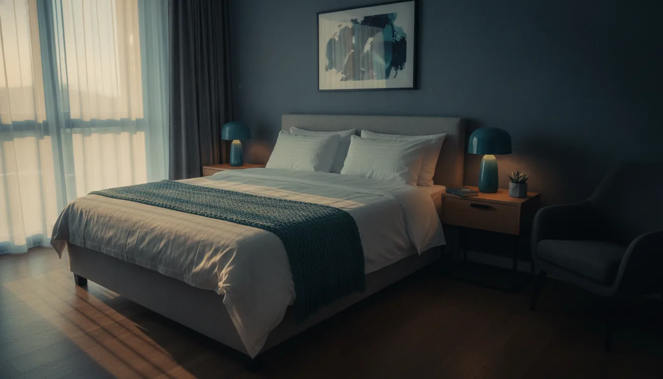 A cozy vacation-rental bedroom with crisp white linens and gentle light