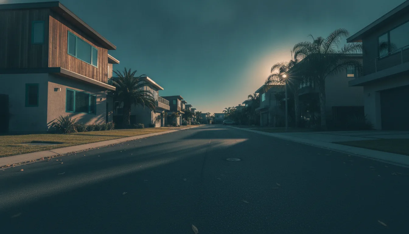 A quiet residential street of attractive vacation homes in warm daylight