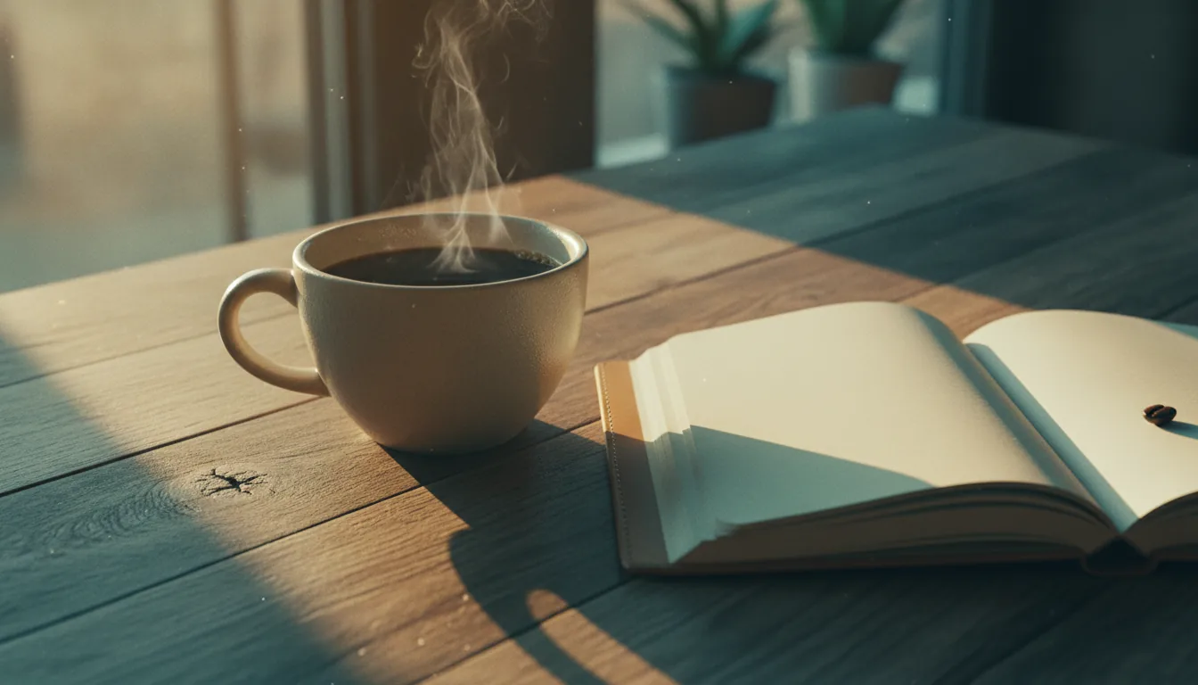 A close-up of fresh coffee and a leather notebook on a sunlit wooden table