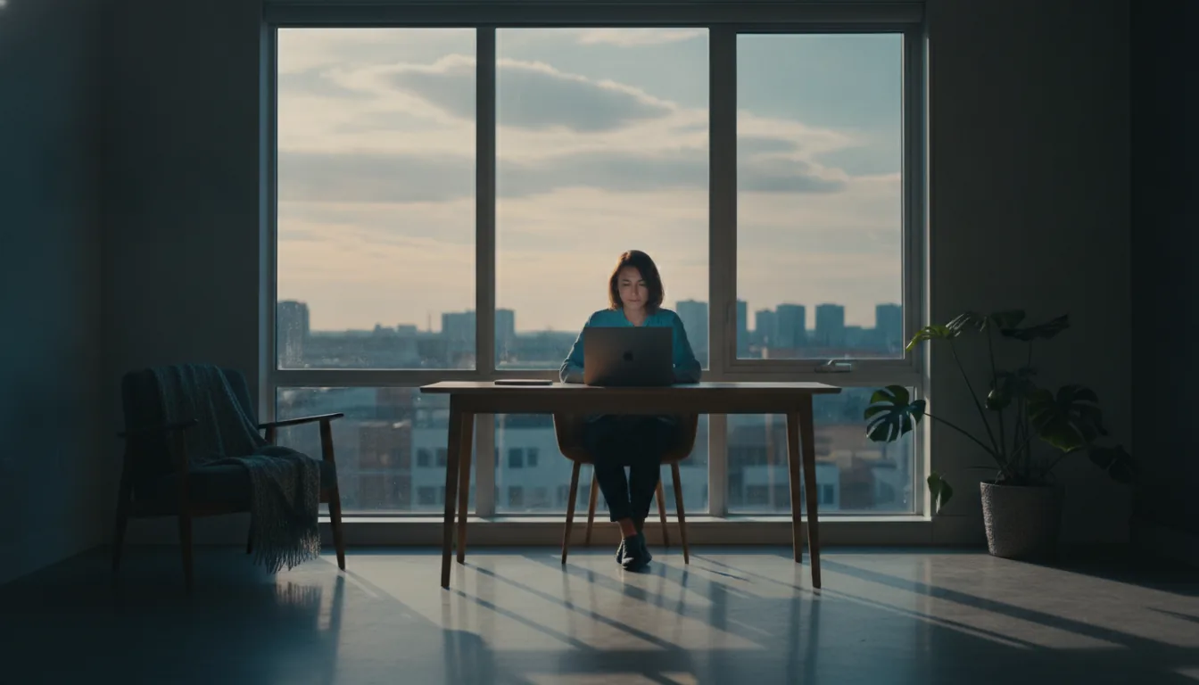 A short-term-rental host working calmly at a laptop by a bright window