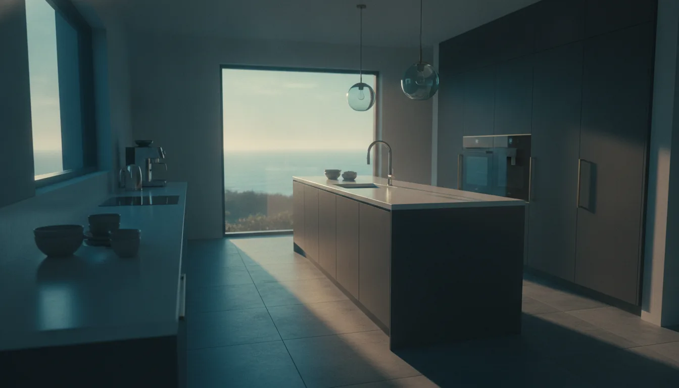 A stylish vacation-rental kitchen with clean counters and soft morning light