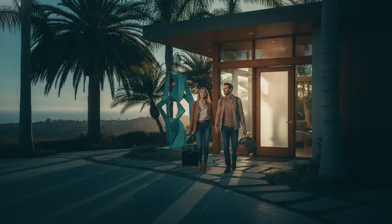 A couple arriving at a vacation rental with luggage